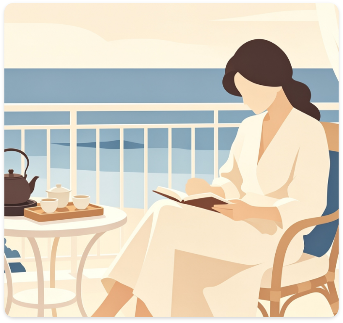 Woman reading peacefully by the sea